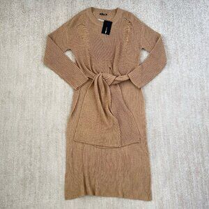 NWT Fashion Nova Kara Tie Front Long Knit Sweater M Tan